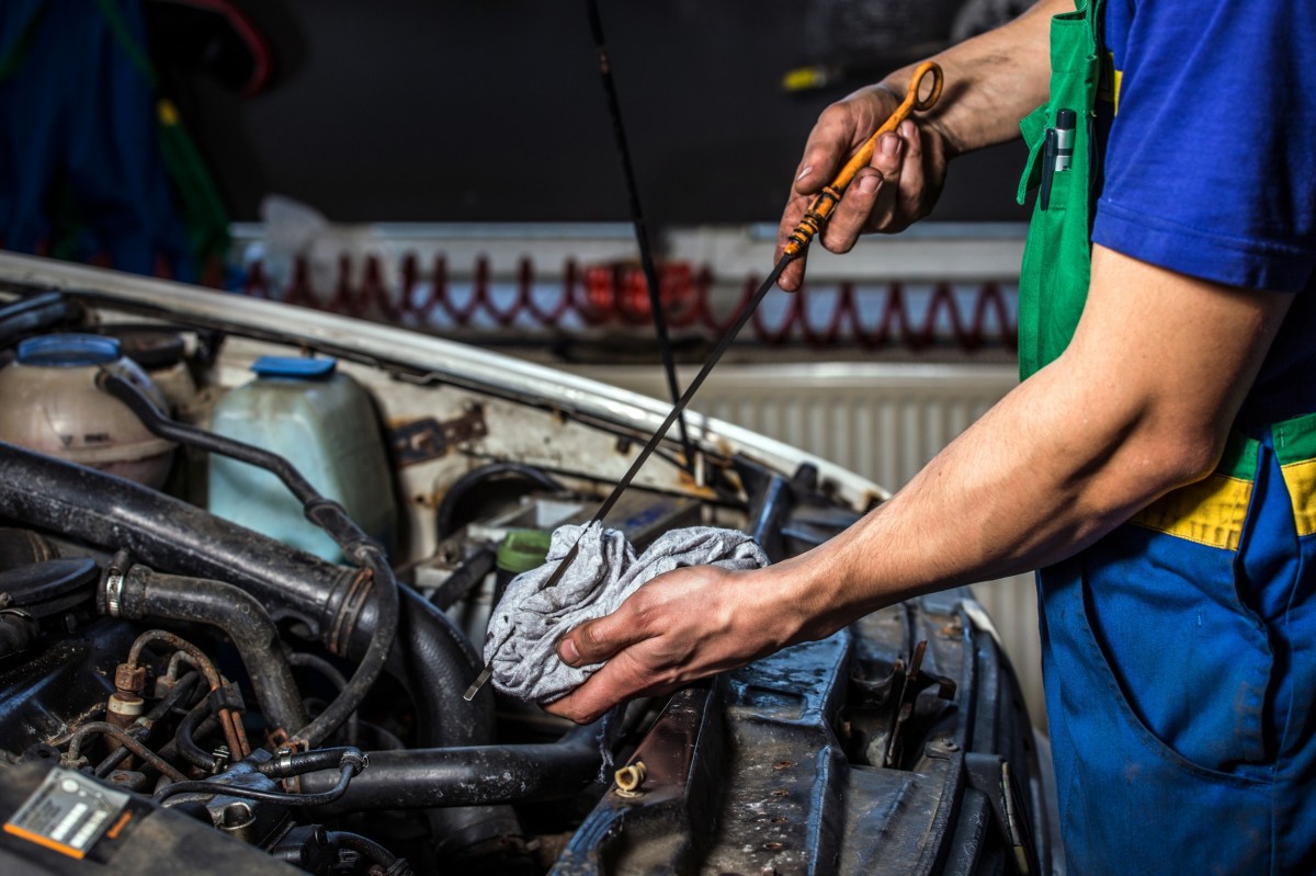 mechanic holding oil stick over vehicle 